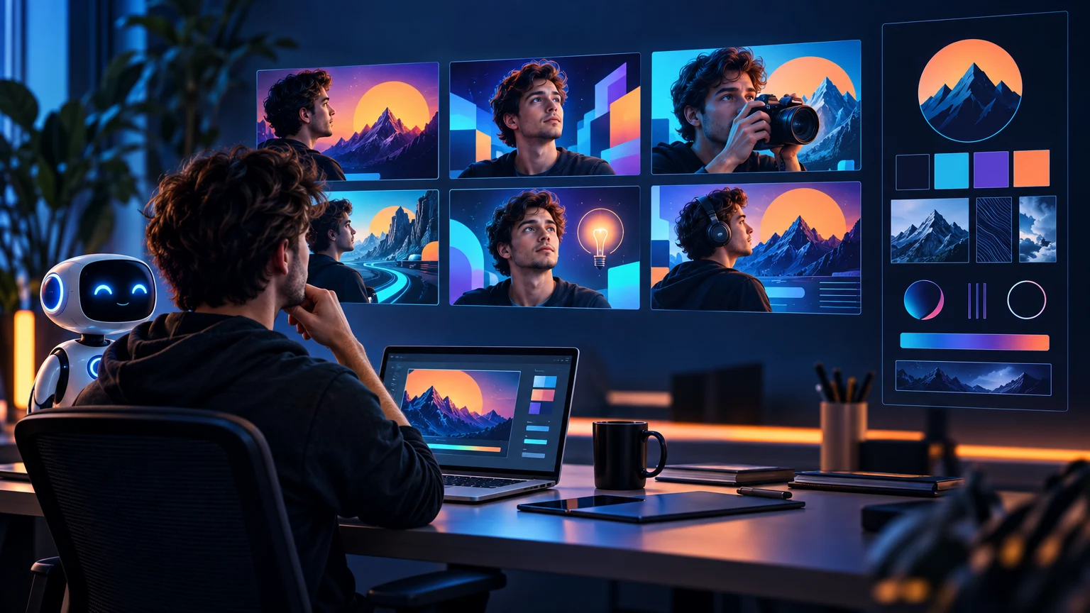 Fictional creator organizing a coordinated set of AI-assisted YouTube thumbnail concepts on a dark moodboard
