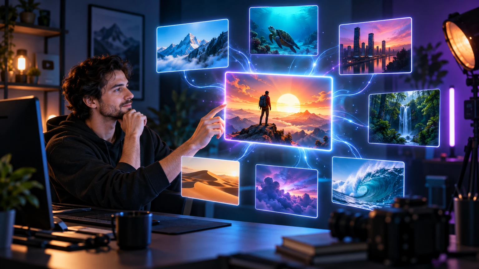 Fictional creator exploring image concepts with an abstract AI visual system