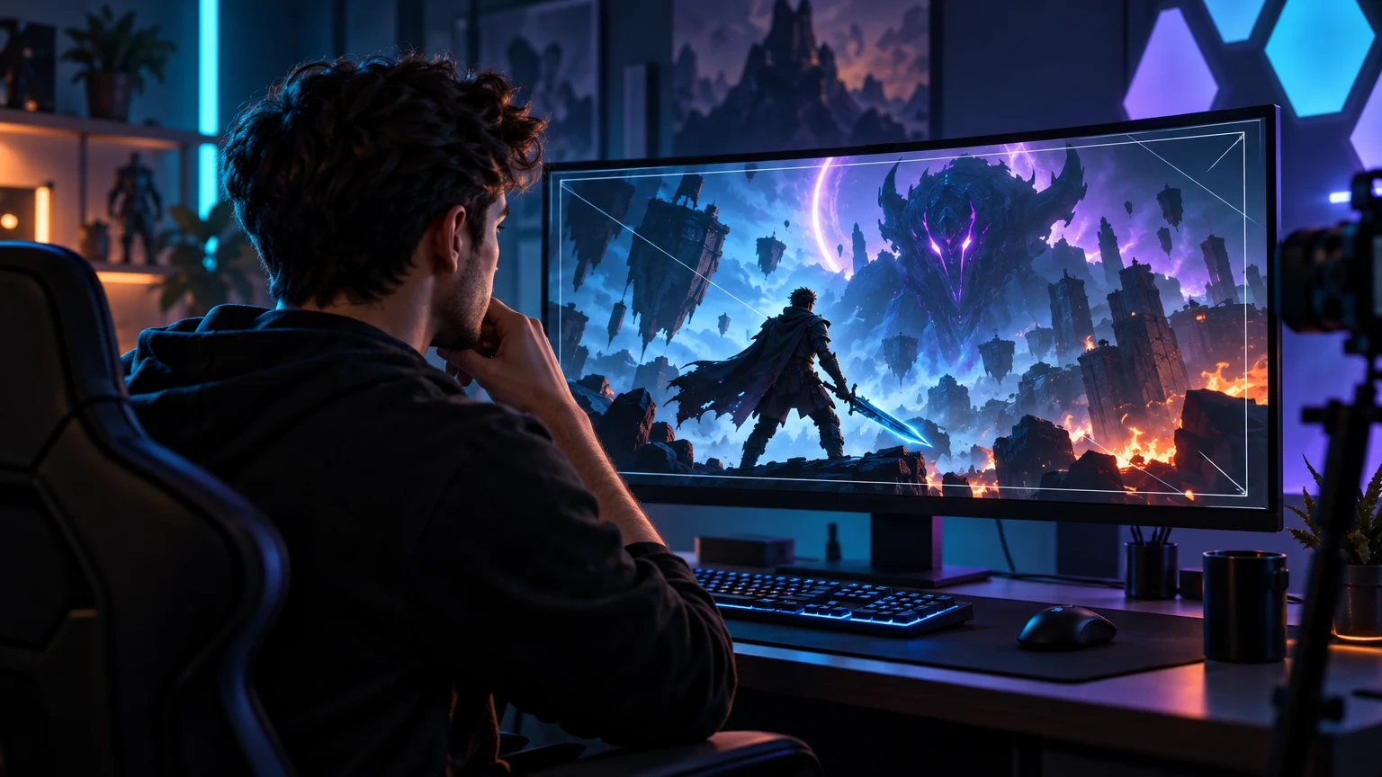 Fictional gaming creator reviewing a focused neon gaming thumbnail composition on a widescreen display