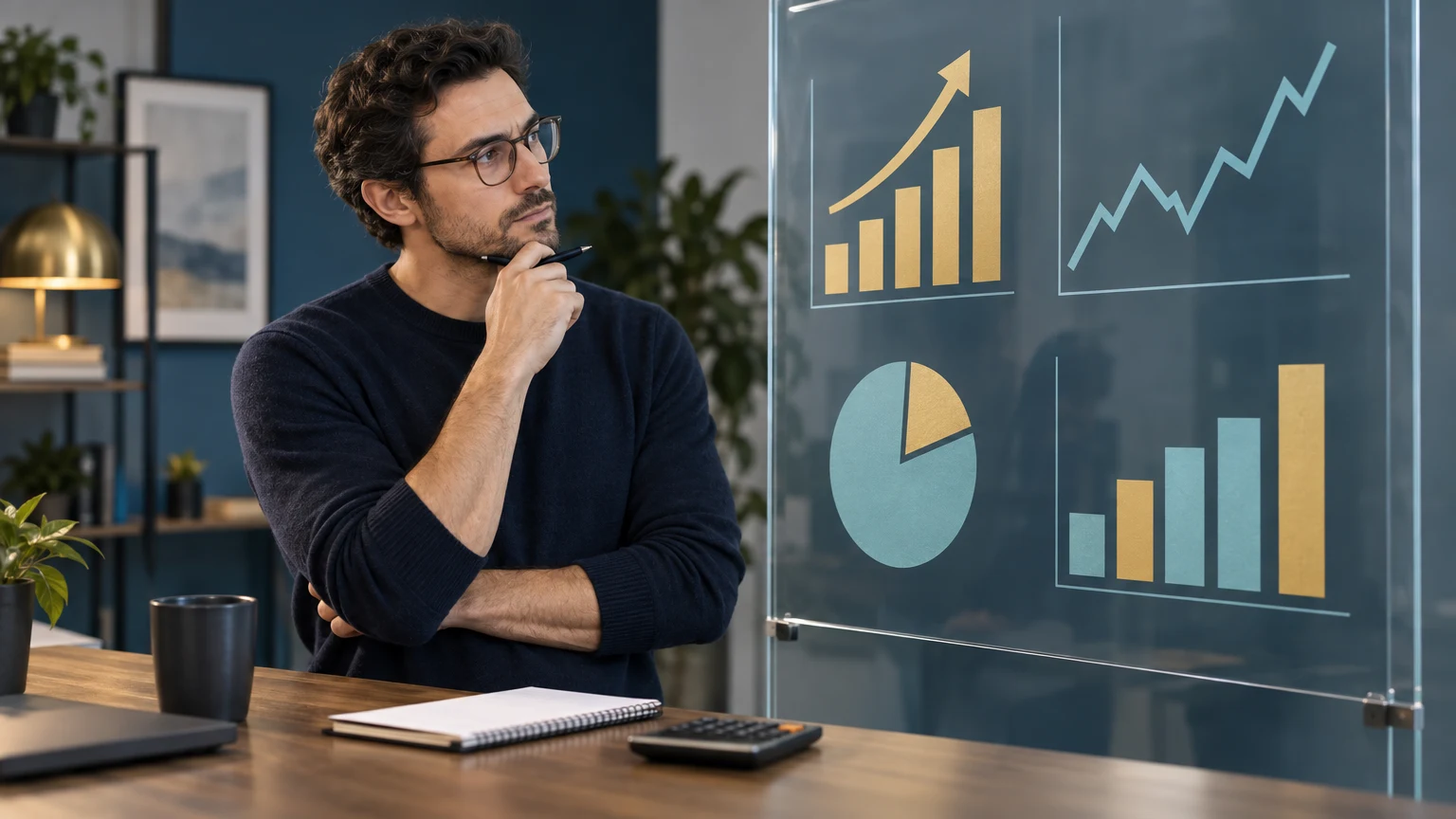A fictional finance educator comparing simple abstract chart shapes in a calm studio