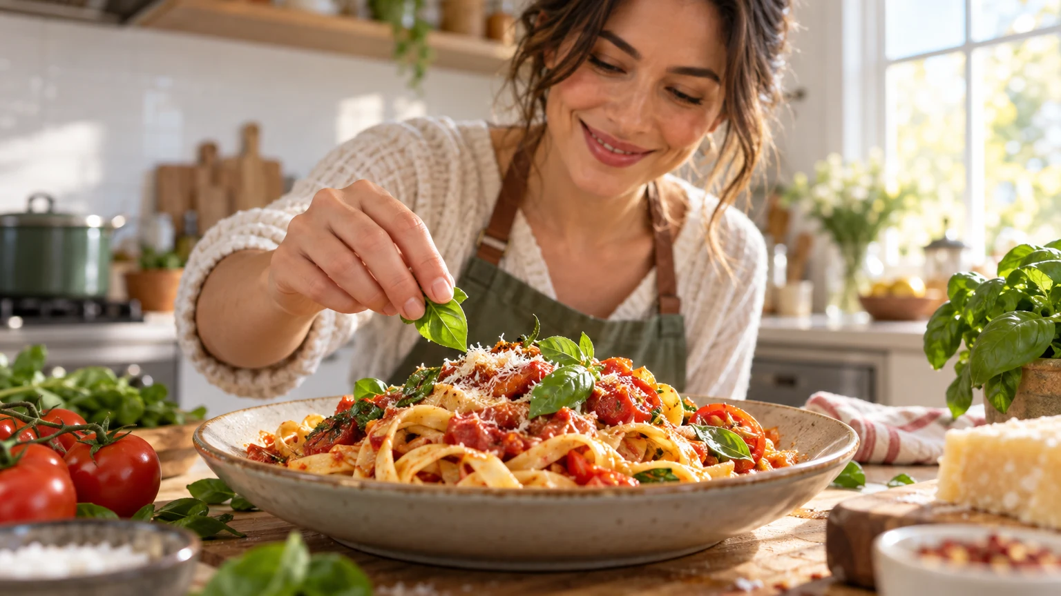 A fictional home cook finishing a colorful pasta dish in a naturally lit kitchen