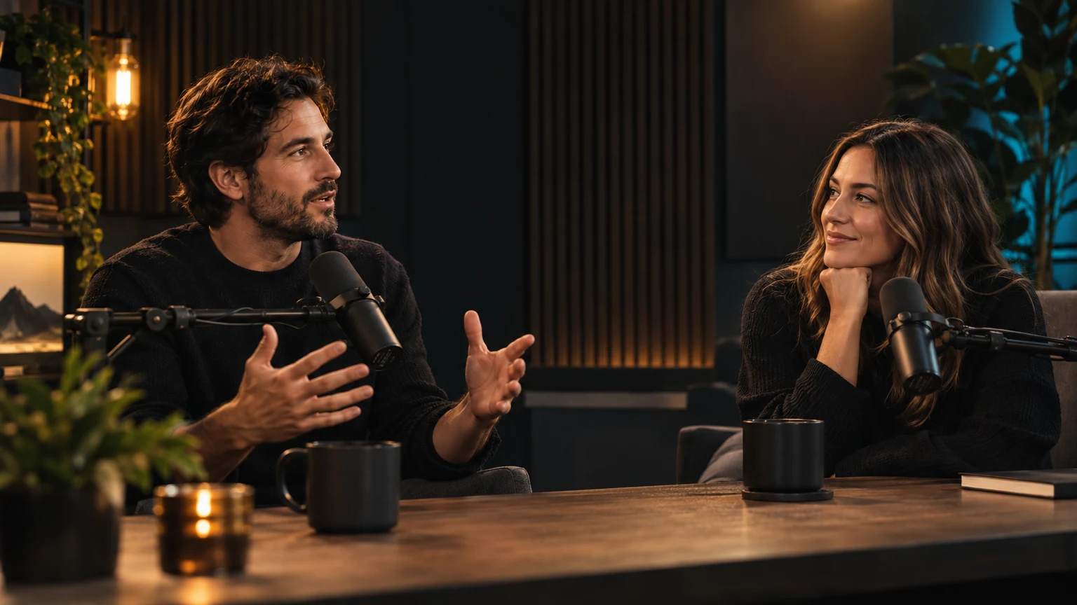 Two fictional podcast hosts recording a focused conversation in a warmly lit studio