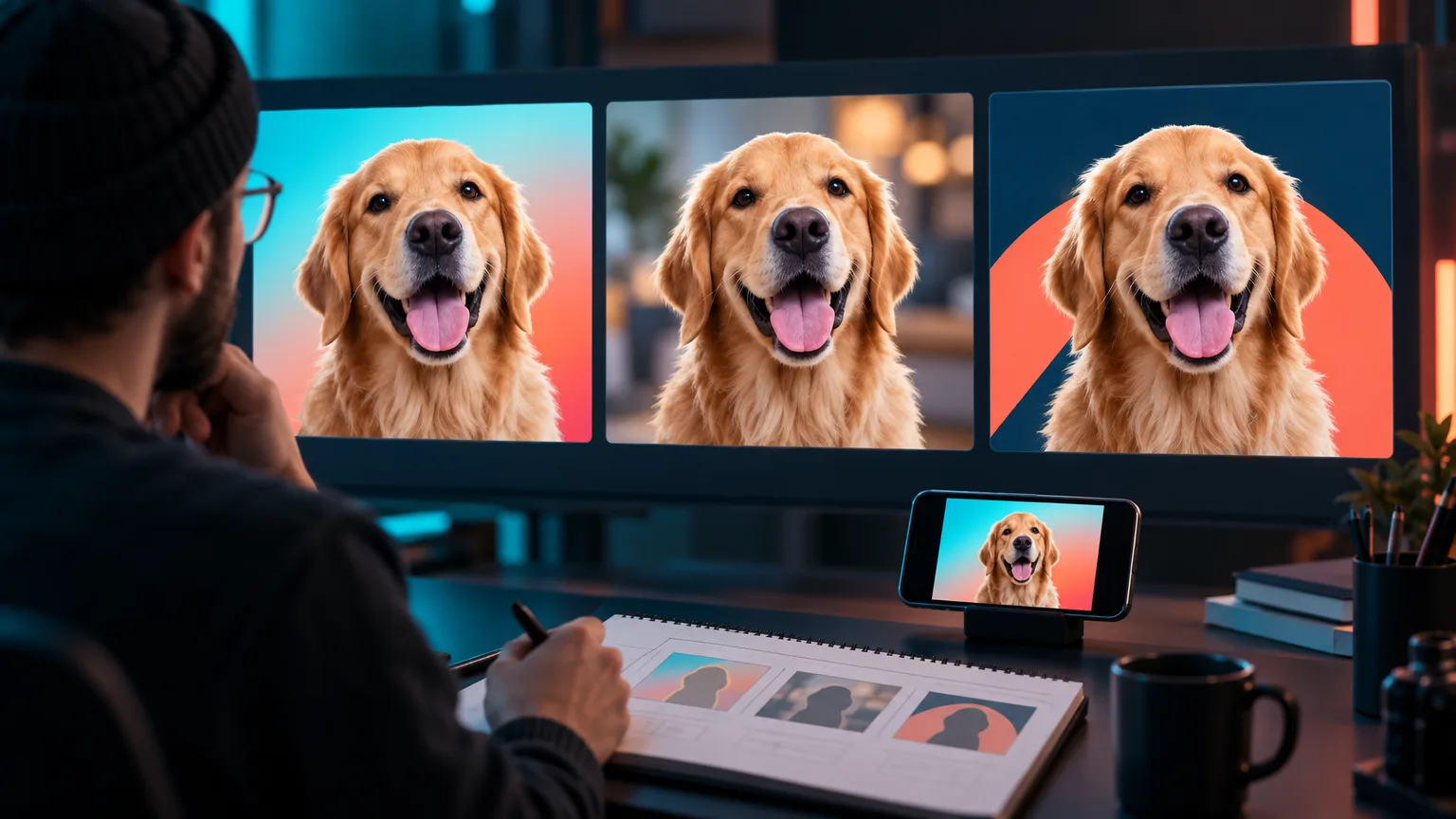 Fictional art director comparing simple gradient and blurred backgrounds behind a sharp thumbnail subject