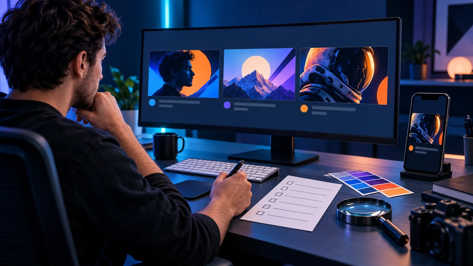 Fictional creator reviewing several YouTube thumbnail concepts with a visual checklist in a dark studio
