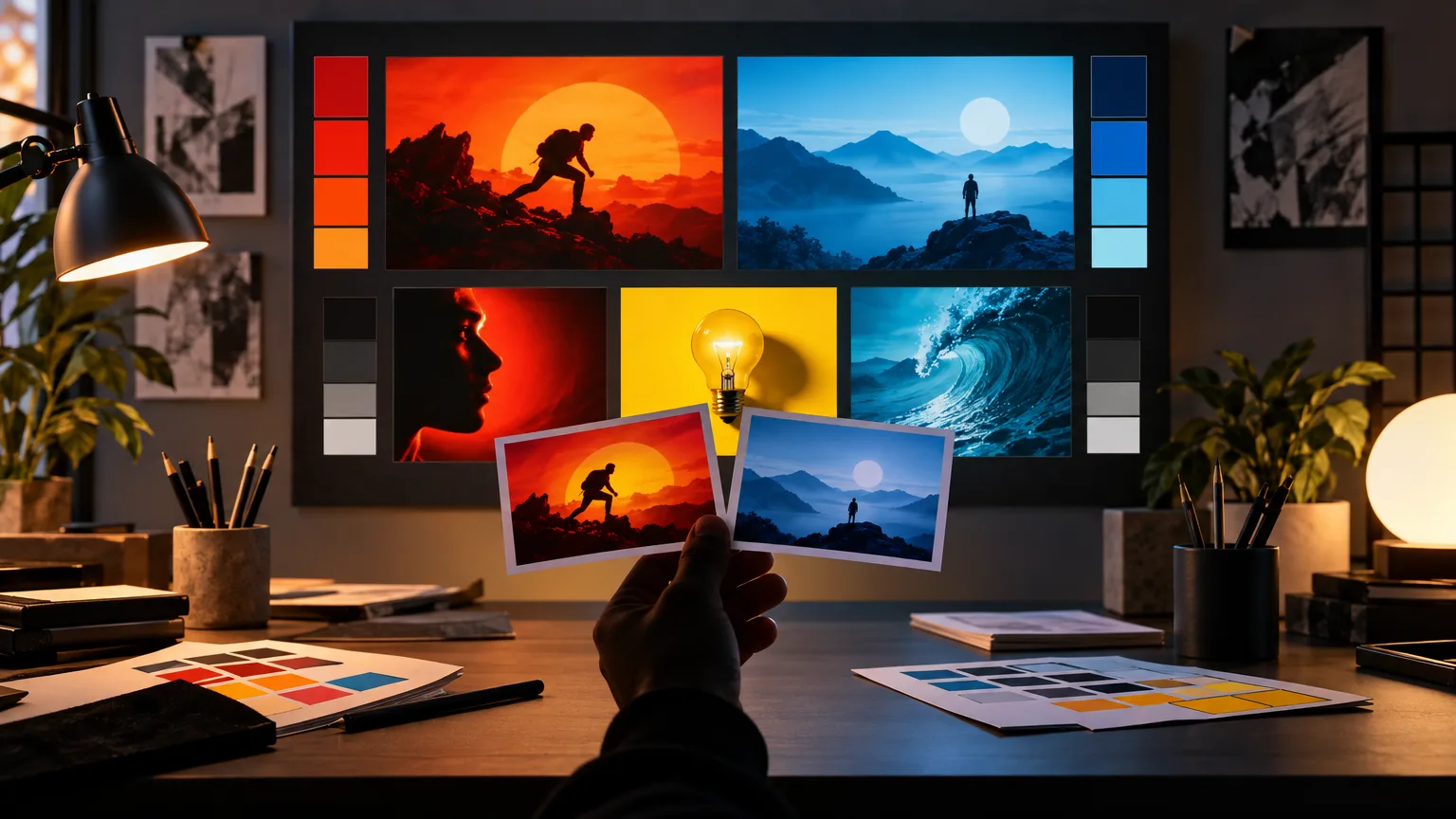 Fictional designer comparing warm and cool color fields on an editorial thumbnail mood board