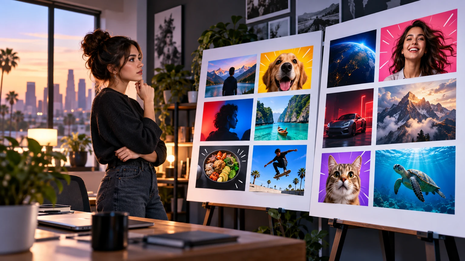 Fictional creator reviewing colorful visual thumbnail concepts in a studio
