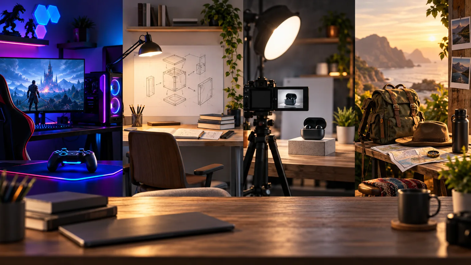 Four fictional thumbnail workstations representing gaming, tutorials, product reviews, and vlogs