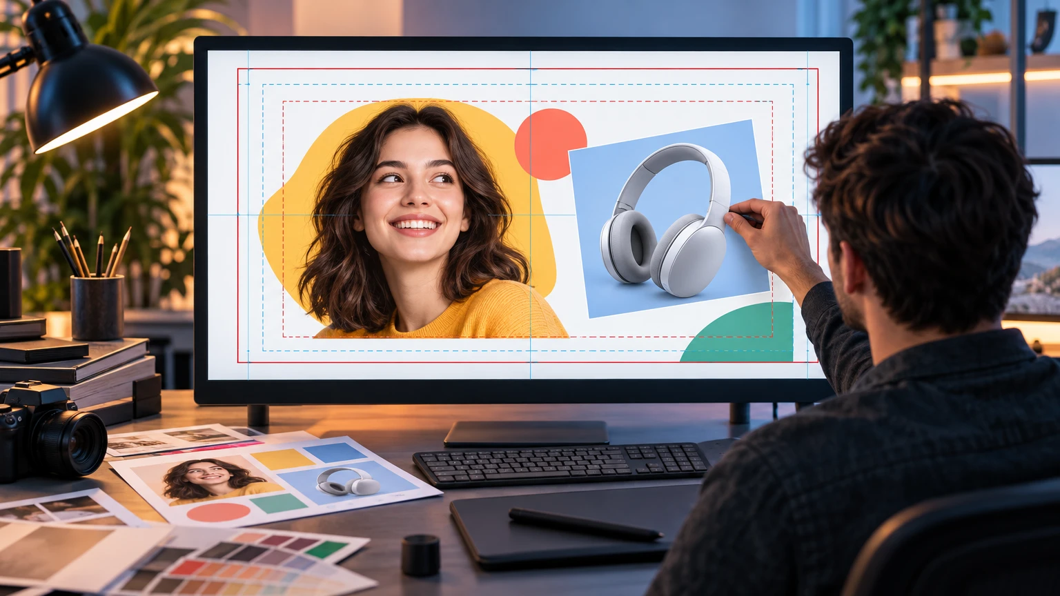 Fictional designer reviewing a wide thumbnail canvas with safe-zone guides